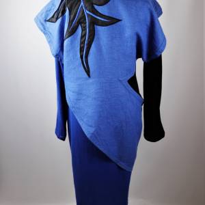 Power 80er True Vintage Designer Kostüm Damen Anzug Kleid Größe Royalblau Schwarz Schärpe Bild 8