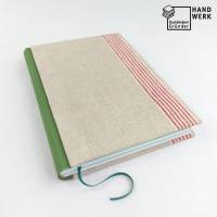 Notizbuch, A5, rot grün beige, 150 Blatt, Leinentuch, Mangeltuch, Rolltuch, upcycling, Vintage Bild 1