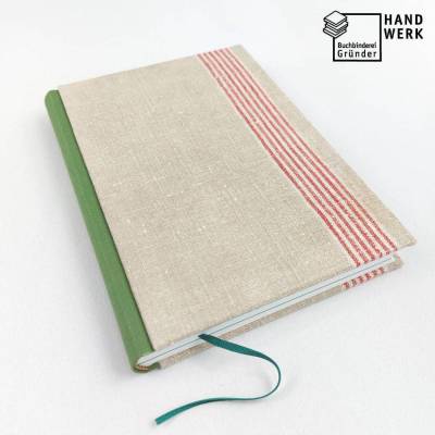 Notizbuch, A5, rot grün beige, 150 Blatt, Leinentuch, Mangeltuch, Rolltuch, upcycling, Vintage