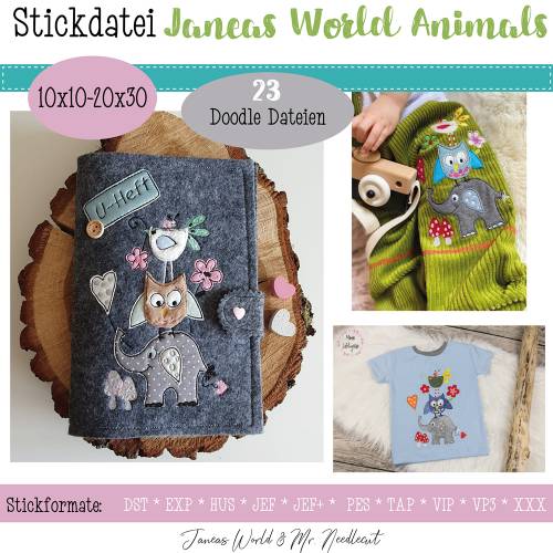 Digitale Stickdatei Janeas World Animals Doodle für den 10x10 - 20x30 cm (4x4 - 8x12") Stickrahmen