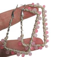 Ohrringe pink Achat rosa 60 mm große Creolen handgemacht hoop wirework silberfarben rechteckig Bild 6