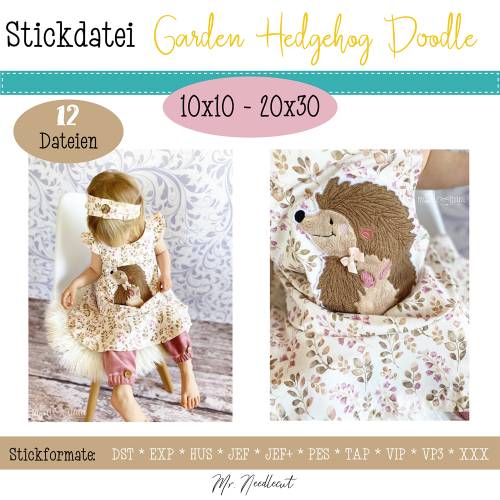 Digitale Stickdatei Garden Hedgehog Doodle für den 10x10 - 20x30 cm (4x4 - 8x12") Stickrahmen