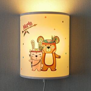 Kinderlampe LED Wandlampe Kinderzimmer Nachtlicht Schlummerlicht Name Indianer Hase Bär Tiere Holz Lampe Bild 1