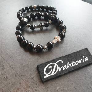 DRAHTORIA Armband mit Obsidian Perlen schwarz mit  Edelstahl Kreuz und Edelstahl Elementen Bild 1