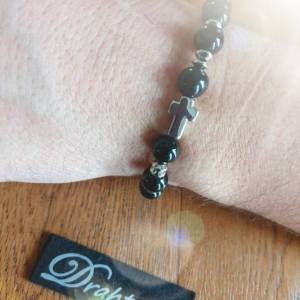 DRAHTORIA Armband mit Obsidian Perlen schwarz mit  Edelstahl Kreuz und Edelstahl Elementen Bild 3