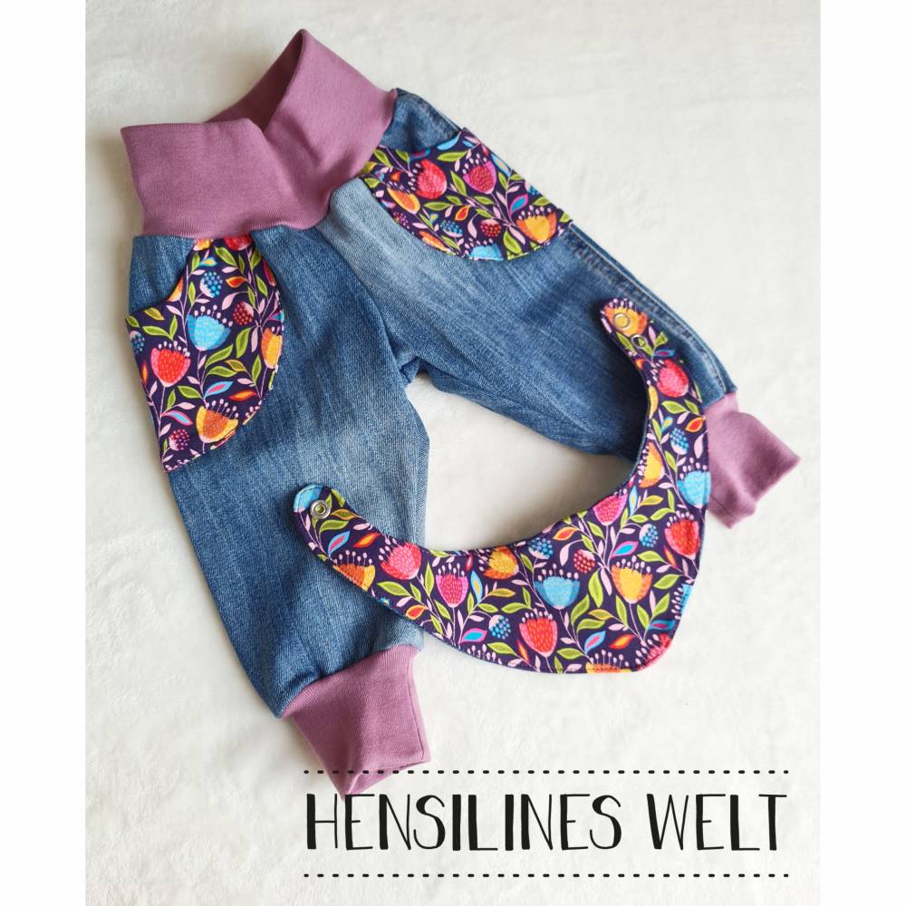 Jeans Upcycling Babyset mit bunten Blüten - Halstuch und Hose in Größe 68 Bild 1
