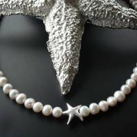 Echte Süßwasser Perlenkette mit Echt Silber Seestern,zarte Perlenkette,Zauberhafte Perlenkette maritim,pearl necklace, Bild 3