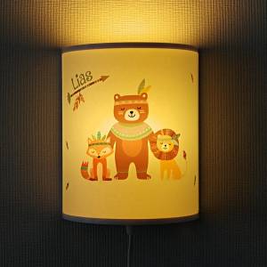Kinderlampe LED Wandlampe Kinderzimmer Nachtlicht Schlummerlicht Name Indianer Fuchs Bär Löwe Tiere Holz Lampe Bild 2