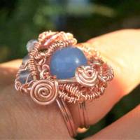 Ring blau handgemacht roségoldfarben verstellbar mit Achat hellblau in wirework Bild 6