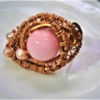 Ring rosa Quarz mit Keshiperlen rosé in wirework kupfer Größe 19 bis 20 mit Innendurchmesser ca. 21 Größe L Bild 4