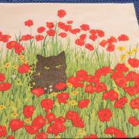 5 Servietten / Motivservietten / schwarze Katze auf der Blumenwiese / Tiermotive T 430 Bild 1