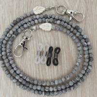 Wunderschöne Perlenkette für die Lesebrille aus Jaspis Naturstein Perlen in grau weiß silber Handgemachte Brillenkette Bild 1