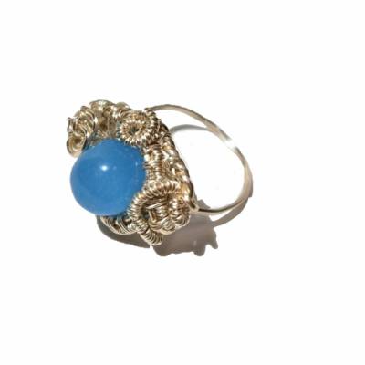 Ring blau pastell handgemacht Größe 56 mit Quarz blau in wirework Innendurchmesser 18 Millimeter silberfarben
