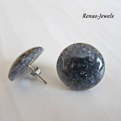 Ohrstecker schwarz grau schimmernd silberfarben Ohrringe mit Schmuckstein halbrund