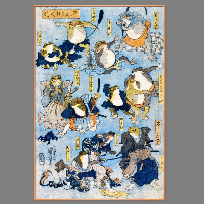 Japanische Kunst - Holzschnitt ca. 1875 - Samurai Frösche - Kunstdruck - Vintage Art  Humor