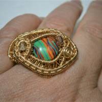 Ring bunt gestreift handgemacht mit Achat verstellbar handgewebt in wirework goldfarben plus size Übergröße Bild 5