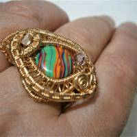 Ring bunt gestreift handgemacht mit Achat verstellbar handgewebt in wirework goldfarben plus size Übergröße Bild 7