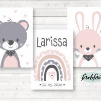 Kinderzimmerbilder / 3er Set / Bär,Regenbogen,Hase / personalisiert mit Name und Geburtsdatum-A4/ rosa grau Bild 1