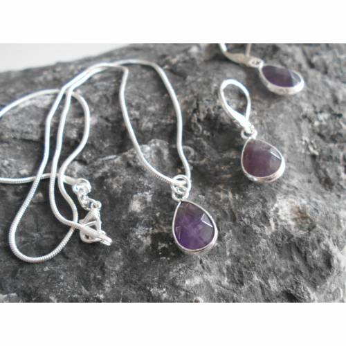 SET Halskette und Ohrhänger 925 Naturstein  lila amethyst