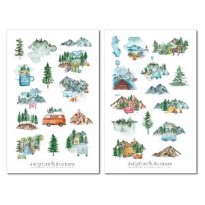 Camping Sticker Set - Aufkleber, Journal Sticker, Ausflug, Reisen, Wandern, Zelten, Tiere, Natur, Wald, Bäume, Berge, Ur Bild 5