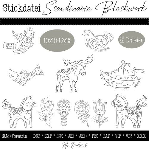 Digitale Stickserie Scandinavia Blackwork 10x10 - 13x18 cm (4x4 - 5x7") Stickrahmen