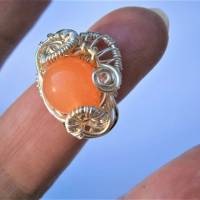 Ring pastell orange lachs Größe 18 Innendurchmesser 18,4 Millimeter handgemacht in wirework silberfarben mit Quarz Bild 7