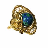Ring handgemacht blau grün mit Azuritmalachit in wirework verstellbar goldfarben Bild 1