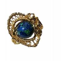 Ring handgemacht blau grün mit Azuritmalachit in wirework verstellbar goldfarben Bild 3