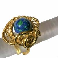 Ring handgemacht blau grün mit Azuritmalachit in wirework verstellbar goldfarben Bild 4
