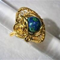 Ring handgemacht blau grün mit Azuritmalachit in wirework verstellbar goldfarben Bild 5