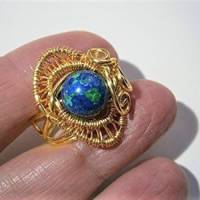 Ring handgemacht blau grün mit Azuritmalachit in wirework verstellbar goldfarben Bild 6