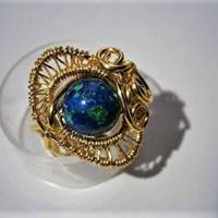 Ring handgemacht blau grün mit Azuritmalachit in wirework verstellbar goldfarben Bild 8