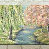 SPRING MORNING - romantisches Acrylgemälde auf Leinwand 100cm x 60cm mit blühenden Bäumen am Bach Bild 1
