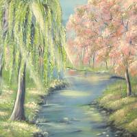 SPRING MORNING - romantisches Acrylgemälde auf Leinwand 100cm x 60cm mit blühenden Bäumen am Bach Bild 2