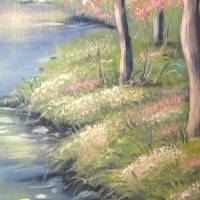 SPRING MORNING - romantisches Acrylgemälde auf Leinwand 100cm x 60cm mit blühenden Bäumen am Bach Bild 3
