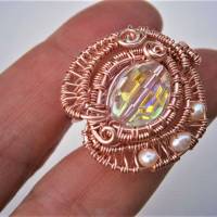 Ring funkelnd Kristallglas mit Perlen weiß handgemacht verstellbar in roségoldfarben Geschenk Bild 3