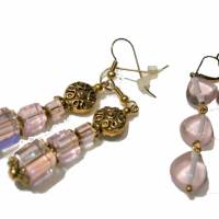 Ohrringe rosa Set 2 Paar mit Glasperlen goldfarben handgemacht vintage wedding miss match Bild 1