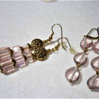 Ohrringe rosa Set 2 Paar mit Glasperlen goldfarben handgemacht vintage wedding miss match Bild 4
