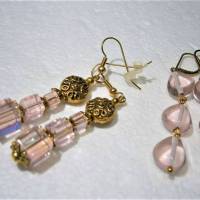Ohrringe rosa Set 2 Paar mit Glasperlen goldfarben handgemacht vintage wedding miss match Bild 6