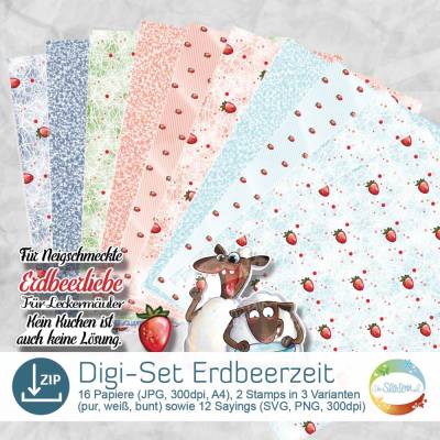 Digi-Stamp-Set Erdbeerzeit mit Schafen, Erdbeeren, 16 Papiervarianten zum selbst ausdrucken, hochauflösend in JPG / PNG
