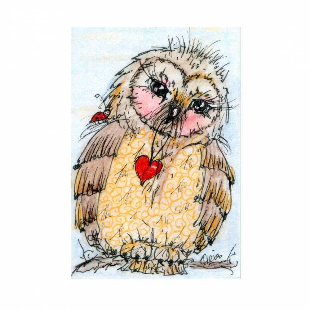 Eule Mit Herz Handgemalt Minibild 90 X 60 Millimeter
