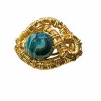 Ring mit petrol Achat blau facettiert in wirework goldfarben kleine Größe S 54 handgewebt Bild 1