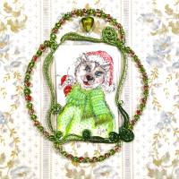 Hund Nikolaus handgemalt Minibild gerahmt in wirework handgewebt grün Baumschmuck Geschenk Weihnachtsdeko Bild 1