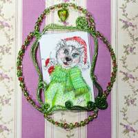 Hund Nikolaus handgemalt Minibild gerahmt in wirework handgewebt grün Baumschmuck Geschenk Weihnachtsdeko Bild 2
