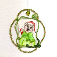Hund Nikolaus handgemalt Minibild gerahmt in wirework handgewebt grün Baumschmuck Geschenk Weihnachtsdeko Bild 3
