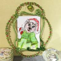 Hund Nikolaus handgemalt Minibild gerahmt in wirework handgewebt grün Baumschmuck Geschenk Weihnachtsdeko Bild 4