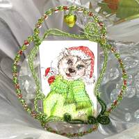 Hund Nikolaus handgemalt Minibild gerahmt in wirework handgewebt grün Baumschmuck Geschenk Weihnachtsdeko Bild 5