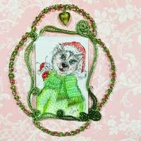 Hund Nikolaus handgemalt Minibild gerahmt in wirework handgewebt grün Baumschmuck Geschenk Weihnachtsdeko Bild 7