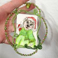 Hund Nikolaus handgemalt Minibild gerahmt in wirework handgewebt grün Baumschmuck Geschenk Weihnachtsdeko Bild 9