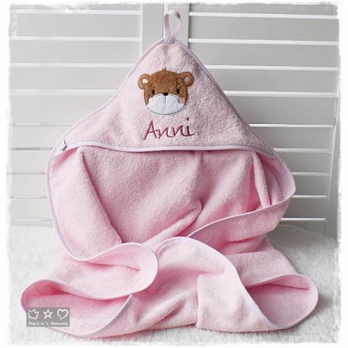 Kapuzenhandtuch rosa, Doodlestickerei Bärenkopf und Wunschname